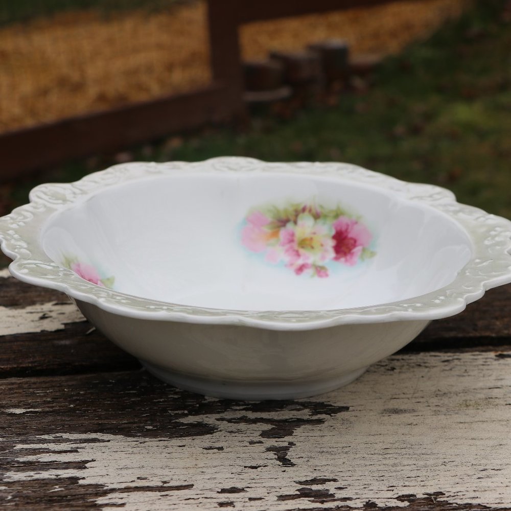 Vintage Scalloped Opalescent Roses Bowl